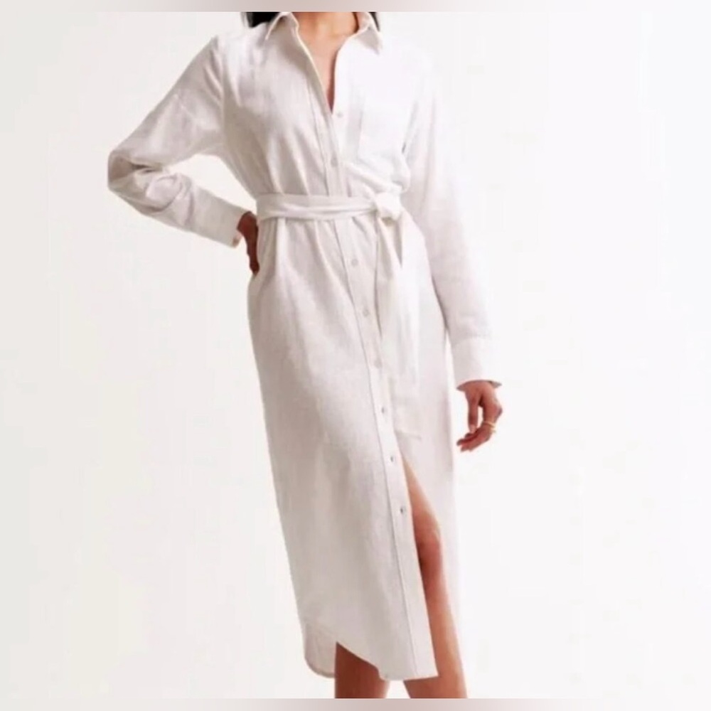 Abercrombie & Fitch white linen button down belted Long Sleeve Dress
